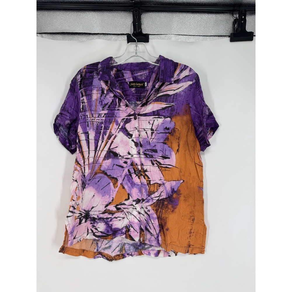 Vintage Jams World‎ Hawaiian Shirt Womens L Floral Short Sleeve Button Up Purple